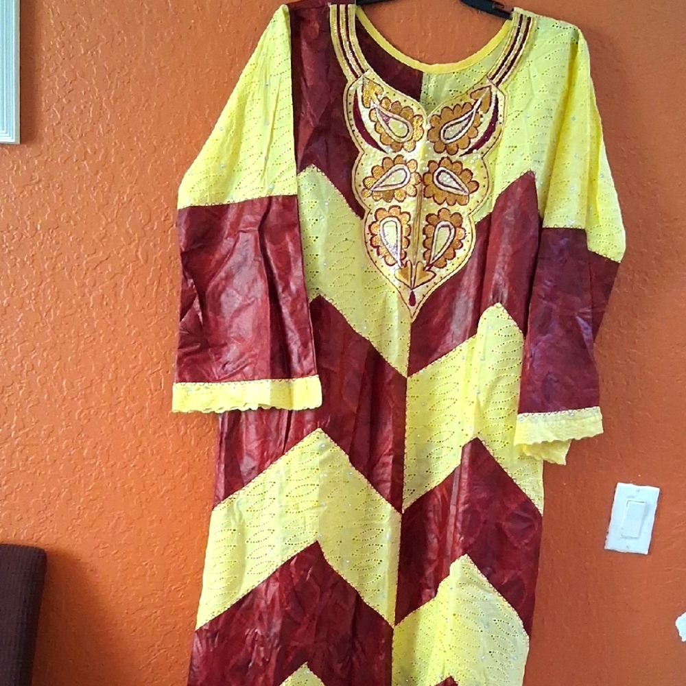 African Vibrant Yellow and Brown Kaftan with Embroidery -167p